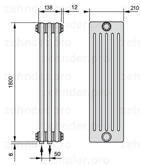 Схема (чертеж) Радиатор Zehnder Charleston 6180/3 №3470 Белый глянцевый RAL 9016